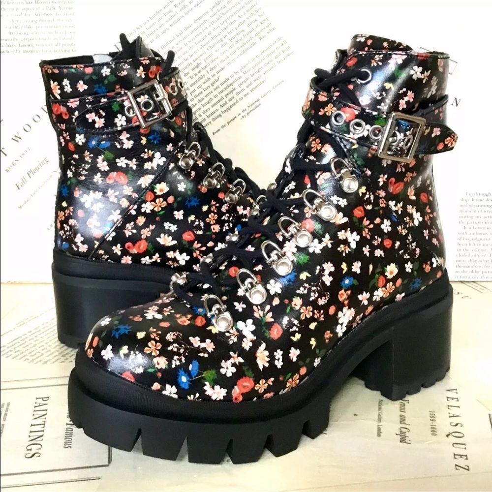 Jeffrey Campbell Combat Boot Black Floral Leather - Picture 7 of 7